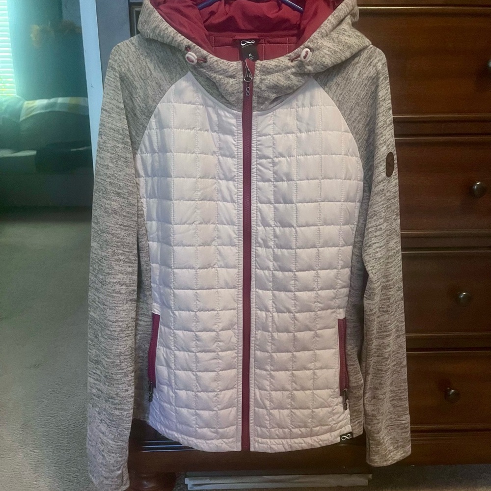 Women's Quilted Hooded Jacket - Maroon, pale pink and Gray